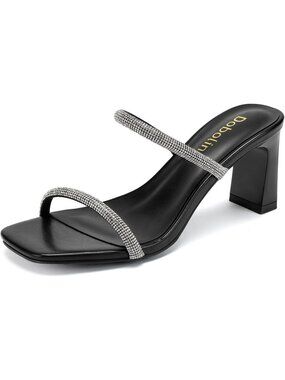 Women's Black Rhinestone Square Toe Strap Slip On Block Heel Sandals